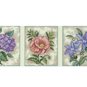 May include: Three floral designs on a beige background. The first design features a purple hydrangea, the second a pink poppy, and the third a blue clematis.