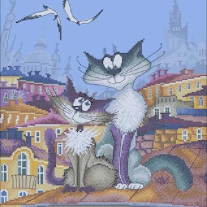 Two Funny Cats on House Roof Cross Stitch Pattern – Whimsical Cat Design – Instant Digital PDF Download