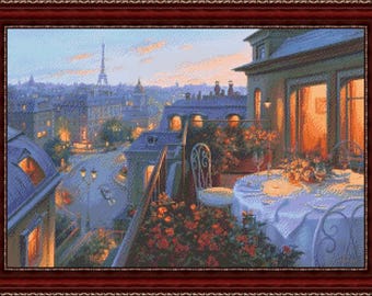 Paris at Night Romantic Dinner Cross Stitch Pattern – Eiffel Tower France Cityscape – Instant Digital PDF Download