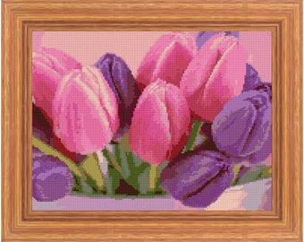 Spring bouquet Pink and Purple Tulips | Cross Stitch Pattern | Needlepoint Chart | Instant PDF Download