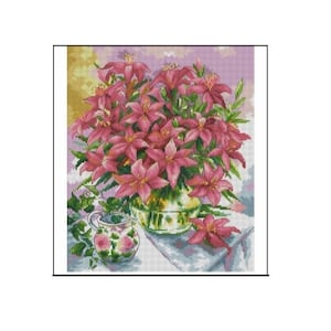 Beautiful Bouquet of Liliums Cross Stitch Pattern – Elegant Spring Floral Design – Instant Digital PDF Download