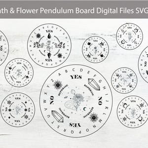 May include: A collection of black and white digital files featuring pendulum boards with floral and celestial designs. Each board has a circular shape with letters, the words "YES" and "NO", and various botanical illustrations. The text "Birth Month & Flower Pendulum Board" is at the top.