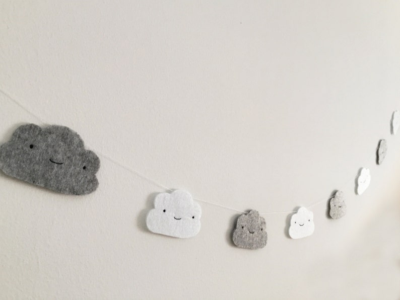 Cloud garland, Nursery decor, Baby shower decor, Modern nursery, White clouds, Grey clouds, Baby room, Cloud Bunting, Kids room, Sky image 1