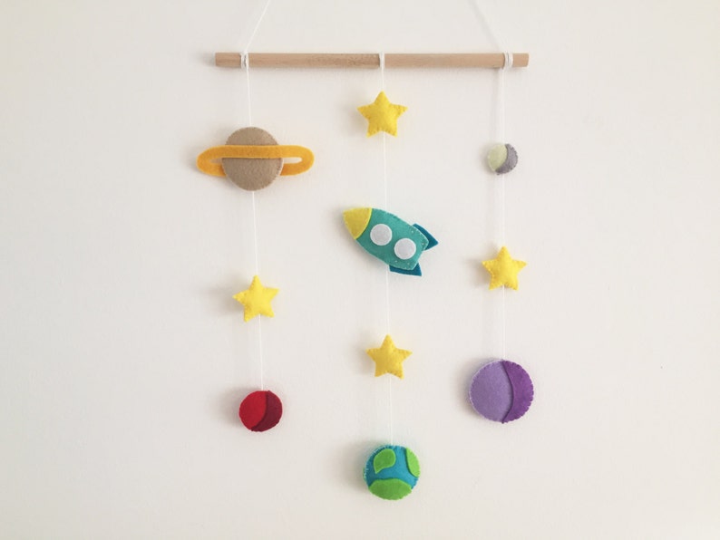 Wall baby mobile Outer Space theme Planets & Rocket Astronaut decor Nursery hanging bedroom Milky way Stars Solar System cute Baby gift image 1