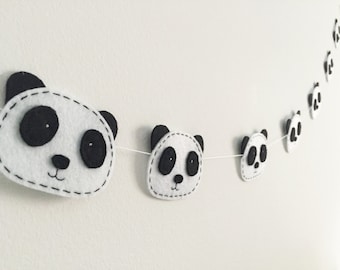 Panda Felt Garland | Black & White Nursery Decor | Handmade Baby Banner | Neutral Kids Animal Room Decoration