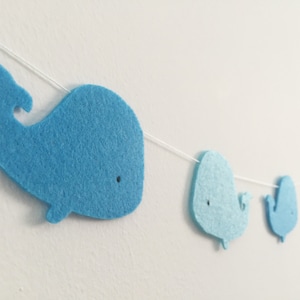 Whale felt garland Nautic decoration Whales bunting Birthday party Baby shower Gender reveal Sea theme Nursery decor Welcome baby Beach Blue