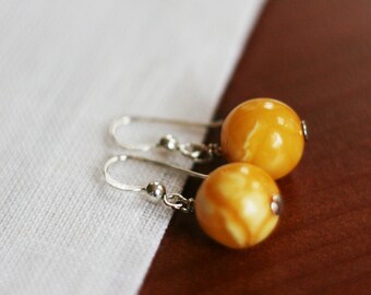 Baltic Amber Yellow Yolk Ball Earrings, Natural Amber Jewelry, 925 Sterling Silver and Baltic Amber, Gift for her