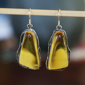 Natural Dangle Baltic amber earrings, Drop yellow amber earring, Set with 925 Sterling silver, Amber jewelry