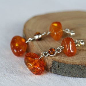 Long Baltic Amber Earrings Dangle stud, Orange  Sunny Amber share, Drop Natural Amber Jewelry