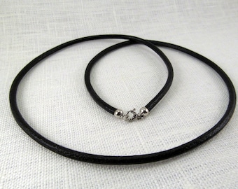 Natural Black Leather with 925 Sterling silver clasp, Leather necklace Silver