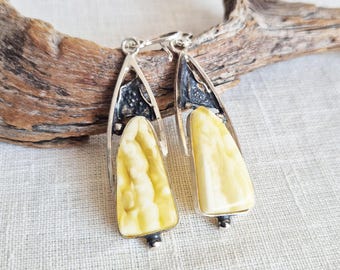 Lux White Baltic Amber Earrings Dangle , Natural Amber gemstone Slabs 925 Sterling silver