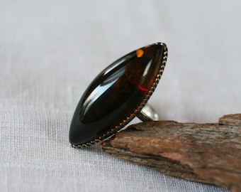 Baltic Amber Vintage Ring, Solitaire Handmade Amber, Natural Fossil Gemstone Gift