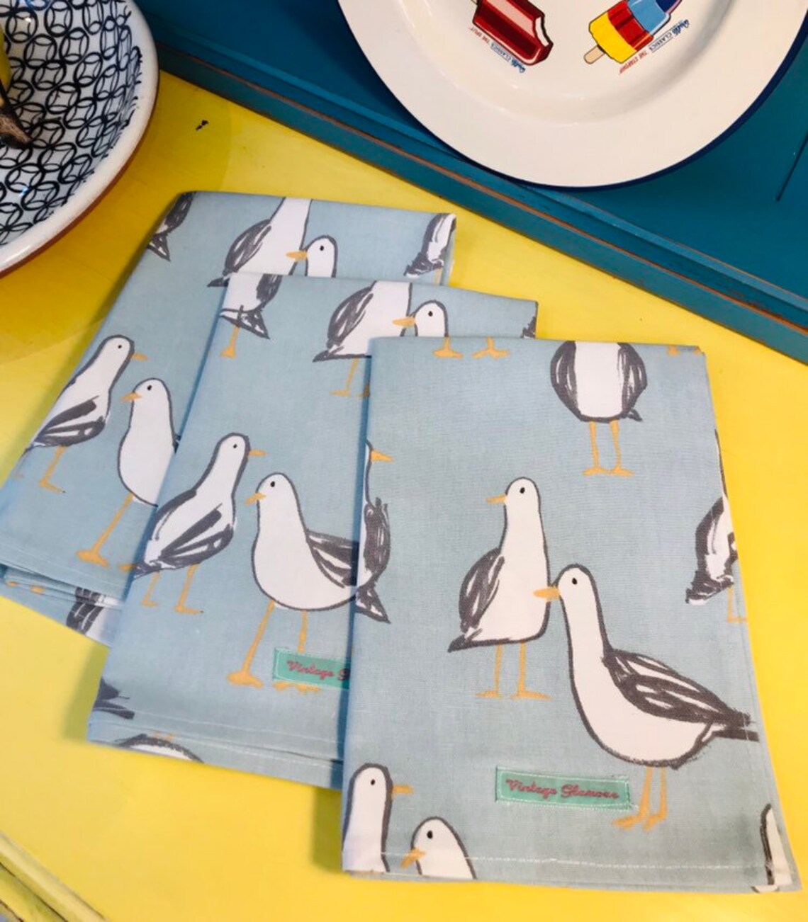 Handmade Blue Seagull Tea Towel Natural Cotton Free UK Etsy