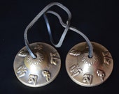 Tingshas with Om Mane Pad Me Om decoration for healing, meditation, relaxation and Feng Shui, Crown Chakra