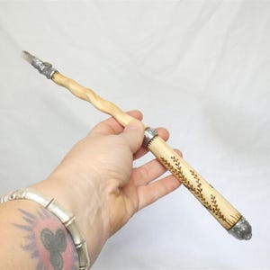 Wooden Wand made from English Yew Wood with Smoky Quartz crystal point and velvet pouch