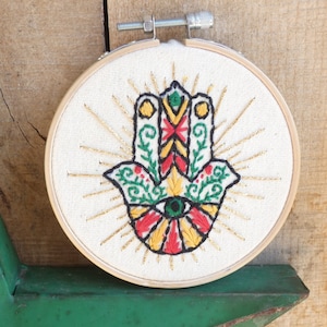 Hamsa Protection Symbol Original Hand Embroidery Art with  - 11cm / 4&quot;
