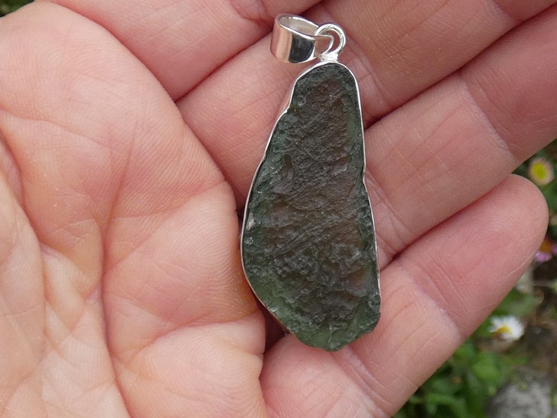 Moldavite Crystal Pendant or Amulet set in silver on adjustable cord Genuine crystal!
