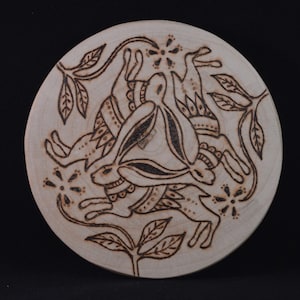 Three Hares amulet on found wood with pyrography design - Pagan, Wicca, Rituals and Altar Decoration