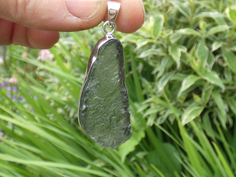 Moldavite Crystal Pendant or Amulet set in silver on adjustable cord Genuine crystal!