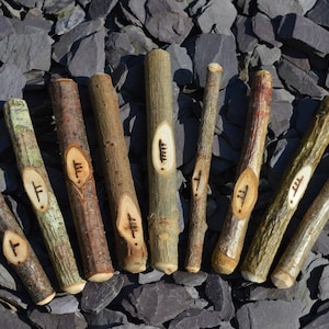 May include: Ten wooden sticks with different runes carved into them. The sticks are arranged in a semi-circle on a bed of grey stones.