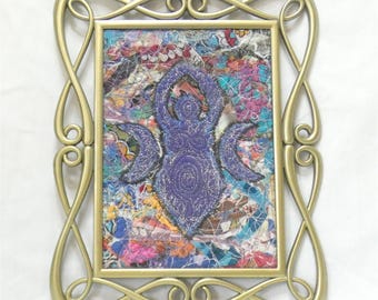 Recycled Fabric Art featuring Triple Moon Goddess in an upcycled vintage frame