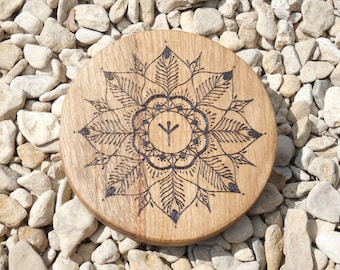English Oak Wood Crystal Grid with Protection mandala pyrography design - Pagan, Wicca, Rituals & Healing