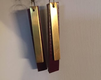 Leather Strip Earrings Gold and Leather