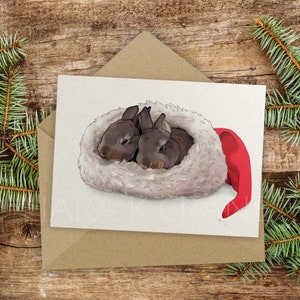 Kerstkaart Sleeping Bunnies - schattig, vintage, konijnen