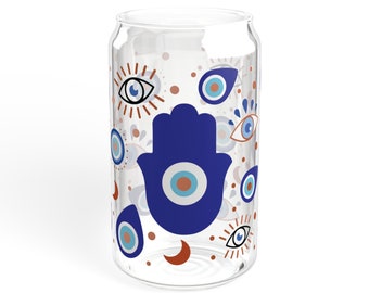 Evil Eye sipper Glass can, 16oz sipper glass can, 16oz talisman gifts, f you evil gifts, glass drinkware, glass can with lid, evil eye gifts