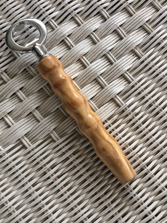Bottle opener, chrome plated metal with Olive Wood handle