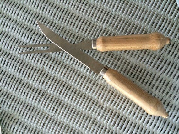 Knife and Fork set, Carving with Maple handles and metal end caps.