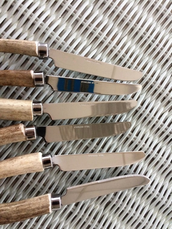 Knives, Steak, stainless steel, set of 6, in White Tail Deer Antler handles.