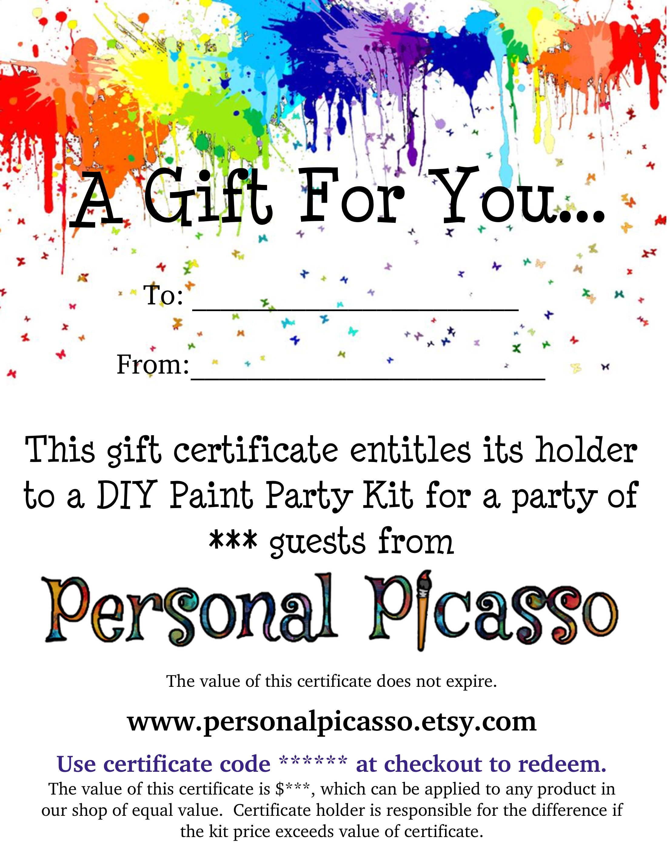 Printable/digital Gift Certificate for DIY Paint Party Kit Etsy