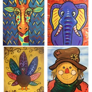May include: Four paintings on canvas, each depicting a different animal or holiday theme. The top left painting shows a colorful giraffe with a blue and green background. The top right painting shows a blue elephant with yellow ears and a red and white checkered pattern on its trunk. The bottom left painting shows a brown turkey with a colorful tail feathers and the text "Give Thanks!" The bottom right painting shows a brown scarecrow with a red and green plaid shirt and a brown hat with a flower on top.