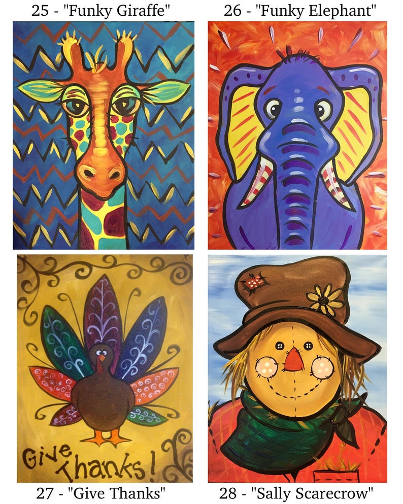 May include: Four paintings on canvas, each depicting a different animal or holiday theme. The top left painting shows a colorful giraffe with a blue and green background. The top right painting shows a blue elephant with yellow ears and a red and white checkered pattern on its trunk. The bottom left painting shows a brown turkey with a colorful tail feathers and the text "Give Thanks!" The bottom right painting shows a brown scarecrow with a red and green plaid shirt and a brown hat with a flower on top.