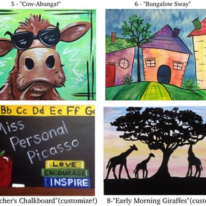 May include: A set of four colorful paintings on canvas. The first painting features a cartoon cow wearing sunglasses. The second painting shows a row of three colorful houses with a green tree in the front. The third painting is a black chalkboard with the words "Miss Personal Picasso" written in white paint. The fourth painting shows a silhouette of three giraffes standing under a large tree.