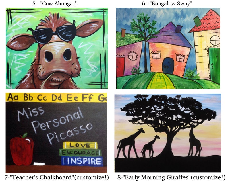 May include: A set of four colorful paintings on canvas. The first painting features a cartoon cow wearing sunglasses. The second painting shows a row of three colorful houses with a green tree in the front. The third painting is a black chalkboard with the words "Miss Personal Picasso" written in white paint. The fourth painting shows a silhouette of three giraffes standing under a large tree.