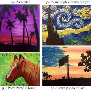 May include: A collage of four paintings. The top left painting is a purple sunset with palm trees silhouetted against the sky. The top right painting is a blue and yellow starry night sky with a dark silhouette of a town. The bottom left painting is a brown horse head with green eyes against a green and white background. The bottom right painting is a silhouette of a flag and a tree against a pink and blue sunset sky.