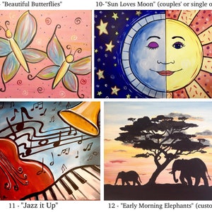 May include: A collage of four paintings, each depicting a different scene. The top left painting shows two colorful butterflies on a pink background. The top right painting shows a yellow sun and a blue moon with a face on a dark blue background with white stars. The bottom left painting shows a red violin and a yellow trumpet with musical notes on a blue background. The bottom right painting shows three elephants walking in front of a tree with a sunset in the background.