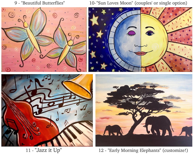 May include: A collage of four paintings, each depicting a different scene. The top left painting shows two colorful butterflies on a pink background. The top right painting shows a yellow sun and a blue moon with a face on a dark blue background with white stars. The bottom left painting shows a red violin and a yellow trumpet with musical notes on a blue background. The bottom right painting shows three elephants walking in front of a tree with a sunset in the background.