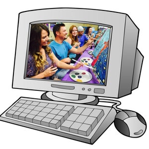 May include: A computer monitor displaying a group of people painting on canvases. The people are smiling and appear to be enjoying themselves. The monitor is connected to a keyboard and mouse.
