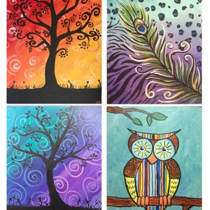 May include: Four paintings on canvas, each depicting a different design. The first painting shows a black silhouette of a tree with swirling branches against a sunset background of orange, yellow, and red. The second painting features a green peacock feather with a blue eye on a purple and blue background with black spots. The third painting is a black silhouette of a tree with swirling branches against a blue and purple background with white swirls. The fourth painting shows a colorful owl with large eyes sitting on a branch against a blue background.