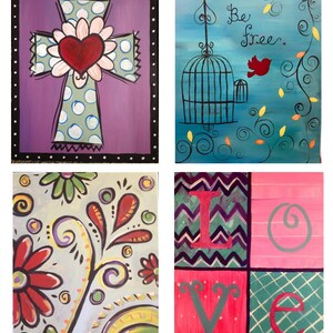 May include: Four different paintings on canvas, each with a unique design. The first painting features a white cross with polka dots on a purple background, with a red heart and a white flower at the center. The second painting shows a black birdcage with a red bird flying out, on a blue background with green vines. The third painting features a floral design with red flowers and green leaves on a light gray background. The fourth painting is a colorful abstract design with the word "LOVE" in different colors and patterns.