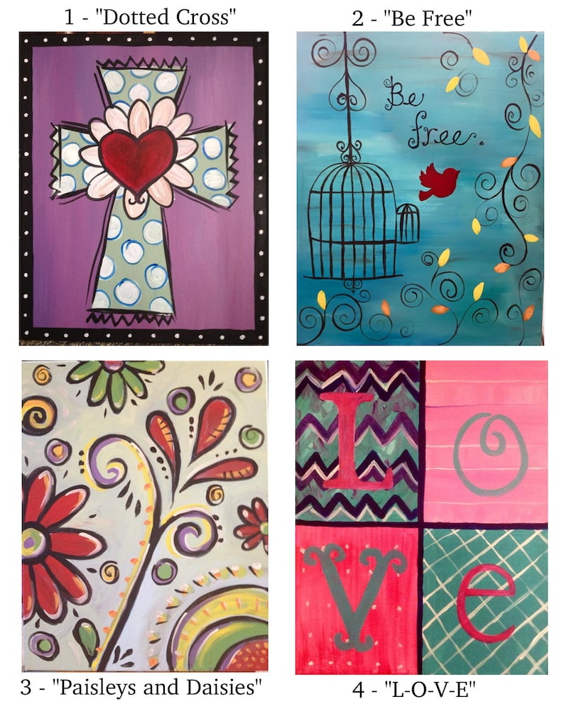 May include: Four different paintings on canvas, each with a unique design. The first painting features a white cross with polka dots on a purple background, with a red heart and a white flower at the center. The second painting shows a black birdcage with a red bird flying out, on a blue background with green vines. The third painting features a floral design with red flowers and green leaves on a light gray background. The fourth painting is a colorful abstract design with the word "LOVE" in different colors and patterns.