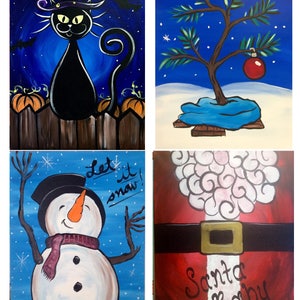 May include: A collage of four paintings depicting different holiday themes. The top left painting shows a black cat wearing a witch's hat in front of a fence with pumpkins. The top right painting shows a small Christmas tree with a red ornament. The bottom left painting shows a snowman with a red scarf and the text "Let it snow!" The bottom right painting shows a Santa Claus figure with the text "Santa Baby".