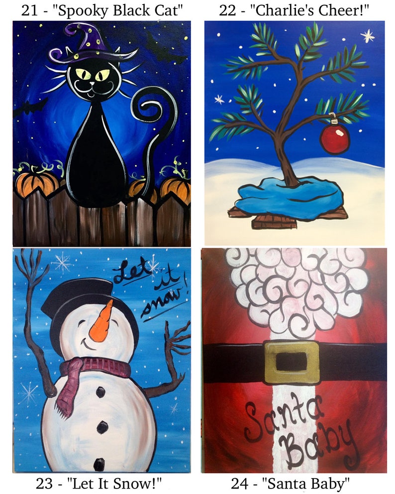 May include: A collage of four paintings depicting different holiday themes. The top left painting shows a black cat wearing a witch's hat in front of a fence with pumpkins. The top right painting shows a small Christmas tree with a red ornament. The bottom left painting shows a snowman with a red scarf and the text "Let it snow!" The bottom right painting shows a Santa Claus figure with the text "Santa Baby".