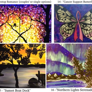 May include: Four different painting designs for a paint and sip event. The first design is a silhouette of two birds on a tree branch with a heart shape formed by the branches. The second design is a butterfly with a pink ribbon. The third design is a silhouette of a tree and a boat dock at sunset. The fourth design is a landscape with a mountain range and a pine tree in the foreground with a green and purple aurora borealis in the sky.