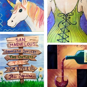 May include: Four different painting ideas for a paint and sip event. The first painting is a unicorn with a rainbow mane. The second painting is a woman's back with a green and black laced up dress. The third painting is a wooden sign with the words "San Marvelous" and other locations. The fourth painting is a glass of red wine with a bottle pouring wine into the glass.