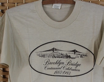 1983 Brooklyn Bridge Centennial Deadstock T Shirt Tan with Dark Brown Screenprint Size L