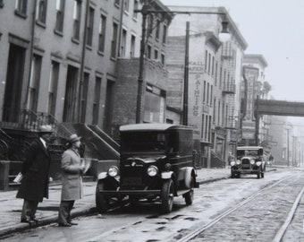 1927 Jay Street Station Cobblestone Trolley Tracks Downtown Brooklyn NYC Photo Archival Print 1920s Cars New York City